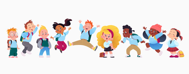 Group of happy multiracial kid students in uniform  jumping isolated. Back to school vector flat illustration. For banners design.