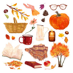 Collection of autumn cozy traditional elements – pumpkin, plaid, book, apple, park trees isolated. Warecolor hand drawn fall illustration.
