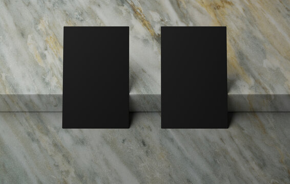 Blank black business name card mockup on marble box podium, 3D rendering