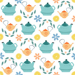 Seamless vector pattern with teapots, lemons, leaves and flowers isolated on a white background. Vector graphic print