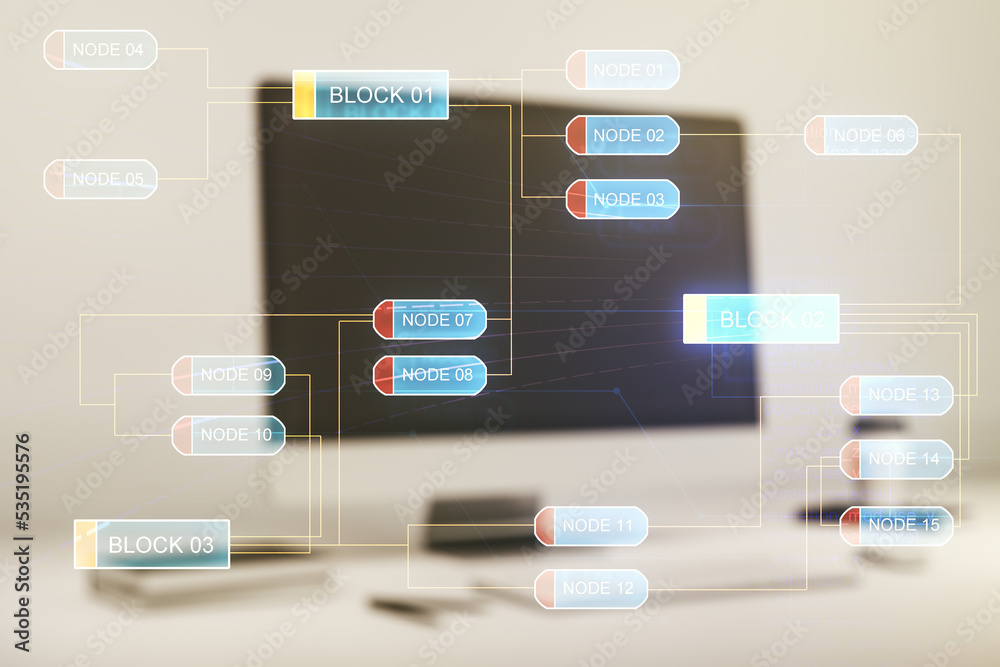 Fototapete double exposure of abstract programming language on laptop background, research and development conc