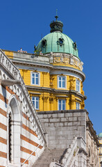Staircase leading to the churchyard of the church of Our Lady of Lourdes in Rijeka, Croatia, with the Ploech palace in the background