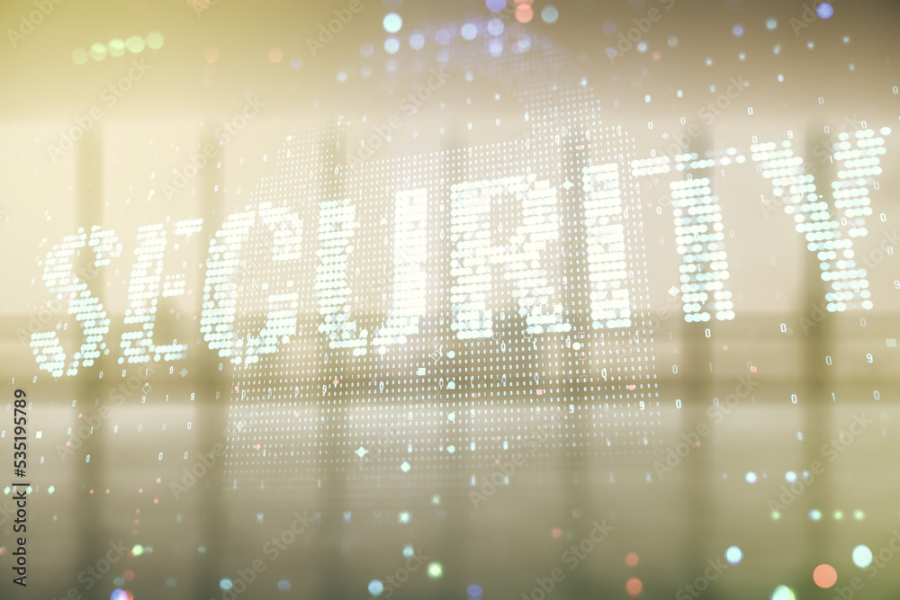 Poster virtual cyber security creative concept on abstract empty interior background. double exposure