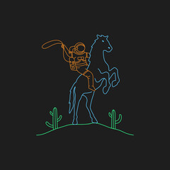 Astronaut on a horse line art illustration. Neon art design of an astronaut riding a horse holding a rope.