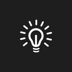 Simple minimal light bulb icon design. White light bulb logo isolated on dark background vector illustration. 