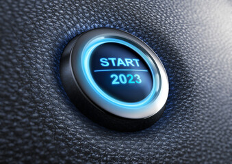 Fototapeta Blue illuminated start button year 2023 - 3D illustration obraz