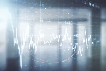 Multi exposure of abstract virtual financial graph hologram on empty corporate office background, forex and investment concept
