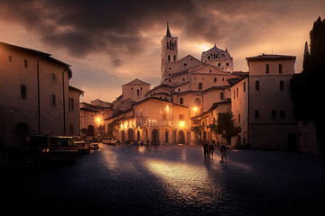 AI generated image of an evening at Assisi Town in Italy 