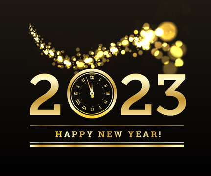 Congratulations on the new year 2023 against the background of a gold watch with golden sparkles.