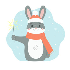 Vector cute black bunny in santa hat and scarf with bengal fire. Cartoon illustration of a symbol of chinese new year 2023. Rabbit for Merry Christmas greeting card for children