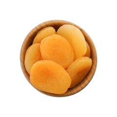 Wooden bowl with dried tasty apricots isolated on white, top view