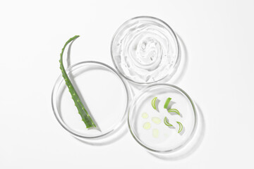 Petri dishes with aloe plants and cosmetic product on white background, top view
