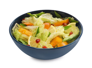 Delicious salad with Chinese cabbage, lemon, persimmon and pomegranate seeds isolated on white
