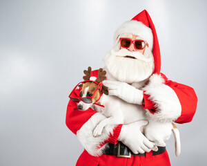 Santa claus and santa's helper in sunglasses on a white background. Jack russell terrier dog in a deer costume.