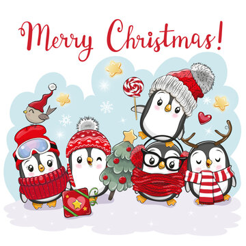Five Cute cartoon Christmas Penguins
