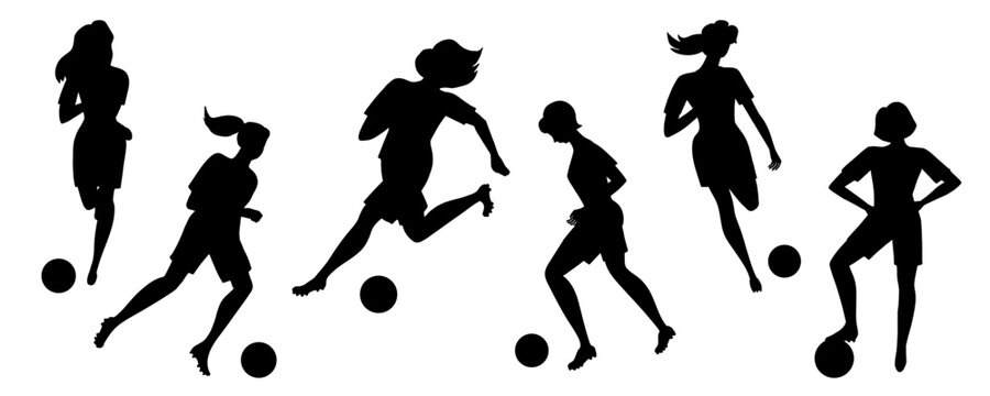 Set of silhouette of a sporty beautiful woman playing soccer. Collection of girl running, kicking a ball. Black color art silhouette contour isolated on white background. Vector illustration.