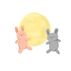 Bunny with full moon isolated on white illustration