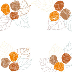 Background design with hazelnuts and leaves. Handwritten vector illustration.