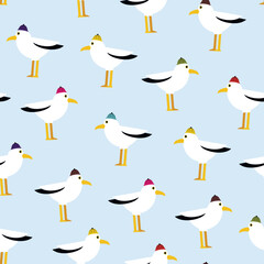 Seamless pattern with funny seagull. Colorful hat.