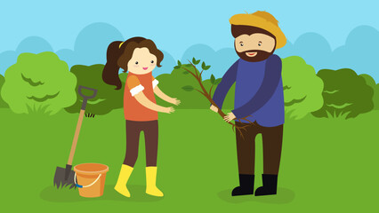 Obraz na płótnie Canvas man and girl planting trees