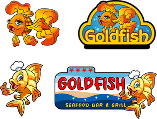 Gold Fish Or Goldfish Cartoon Character Logo Design. Vector Hand Drawn Collection Set Isolated On Transparent Background