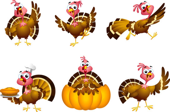 Turkey Baby Cartoon Character Flat Design. Vector Collection Set Isolated On Transparent Background
