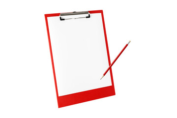 Red clipboard with blank white A4 paper and wooden graphite pencil flying isolated on white