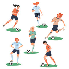 Set of different beautiful smiling girl soccer player running kicking a ball. Collection of woman playing football. Colorful female character isolated on white background. Vector illustration.