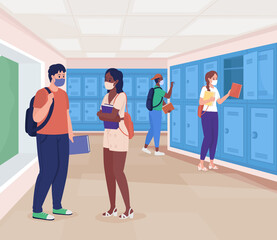 High school hallway flat color raster illustration. Pupils on class break talking in hallway. Education during pandemic. Students in masks 2D cartoon characters with lockers row corridor on background