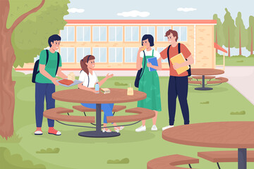 Outdoor school dining flat color raster illustration. Friends eat together. Backyard space for eating. Student meeting for lunch time 2D cartoon characters with college outside on background