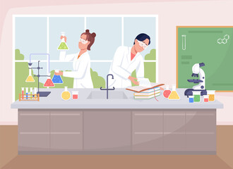 School chemistry class flat color raster illustration. Conducting experiment with chemicals in beakers. Students in lab coats 2D cartoon characters with laboratory interior on background