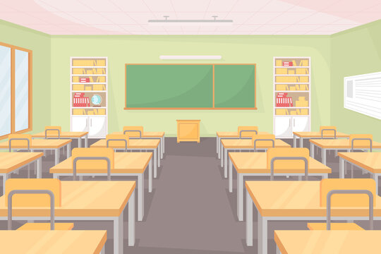 School classroom flat color raster illustration. Empty class with row of desks and chairs. Space for studying and teaching. Middle school room 2D cartoon interior with chalkboard on background