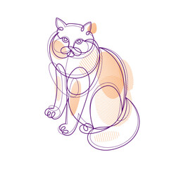 Nice cute cat linear vector illustration, line art drawing of pussycat relaxing, artistic outline minimal sketch of fat and lazy cat.