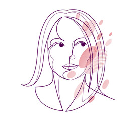 Woman beauty face vector linear illustration, delicate line art of attractive girl portrait, abstract feminine drawing minimal style isolated.