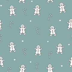 Christmas wallpaper with gingerbread cookies and candies. Xmas seamless pattern. Vector