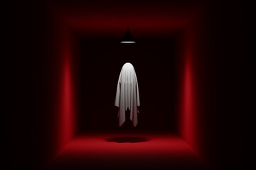 White ghost spirit floating in dark red corridor. 3D Rendering, illustration. Halloween holiday concept.