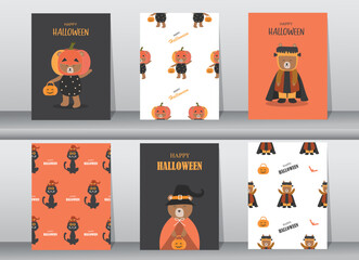 Set of halloween cute animal hand drawn invitation or greeting Cards,seamless pattern ,Vector illustrations.
