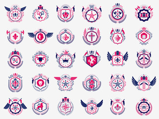 Classic style emblems big set, ancient heraldic symbols awards and labels collection, classical heraldry design elements, family or business emblems.