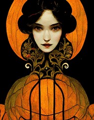 Illustration pale female face, black and orange art nouveau Halloween setting - 535200375