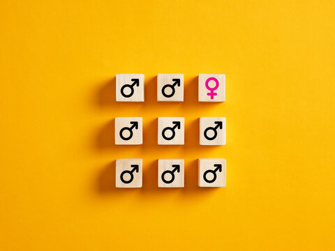 One Female Gender Symbol With Male Symbols On Wooden Blocks. Gender Discrimination In Employment, Recruitment Or Workplace