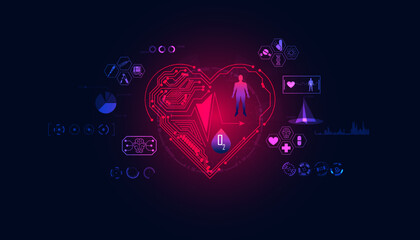 abstract heart digital processing body heart rate blood oxygen interface health on blue modern background