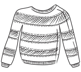 Striped hand knitted winter sweater unisex drawing isolated on white background. Hand drawn vector sketch illustration in simple doodle outline vintage engraved style. Autumn warm clothes