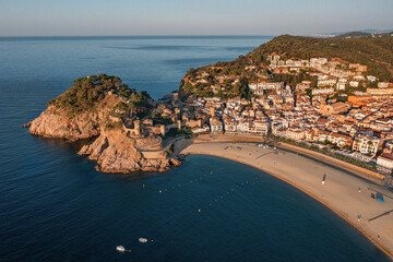 Aerial view to beautiful fortress and beach in Lloret de Mar on Costa Brava, Spain - 535200924
