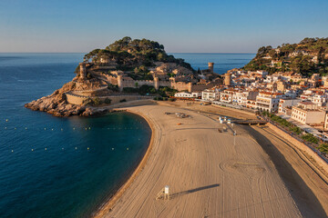 Aerial view to beautiful fortress and beach in Lloret de Mar on Costa Brava, Spain - 535200979