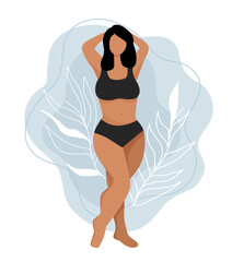 A girl in a sports swimsuit against the background of spots and flowers. A character who loves himself and his body. A healthy relationship with yourself. No face. Vector stock illustration. 