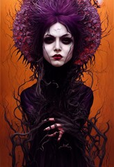 Art with witch with purple hair, terrible makeup, black dress. Halloween card