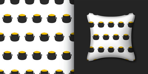 Cauldron seamless pattern with pillow. Vector illustration