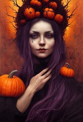 Art young black witch, creepy makeup, pumpkin, dead branches. Halloween card