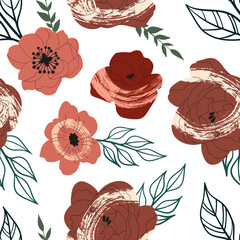 Modern stylish greek pattern with textured red flowers and leaves