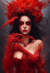 Art creepy sexywitch or vampire, revealing red dress and hat. Halloween card